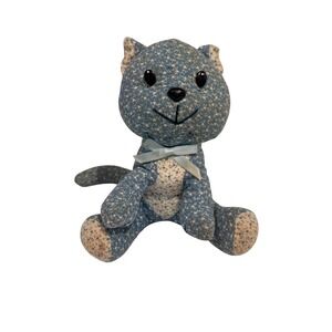Vintage Russ Berrie & Co Kitten Plush Blue Fabric Floral BowToy Doll Figure Cute